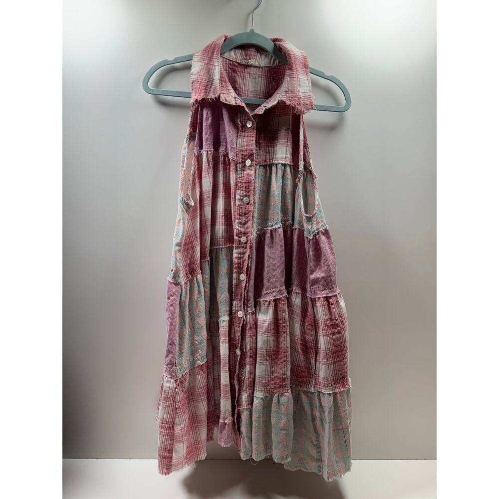Blue Velvet Boho Women’s Sleeveless Patchwork Dress Button Front Tiered Festival - Picture 8 of 10